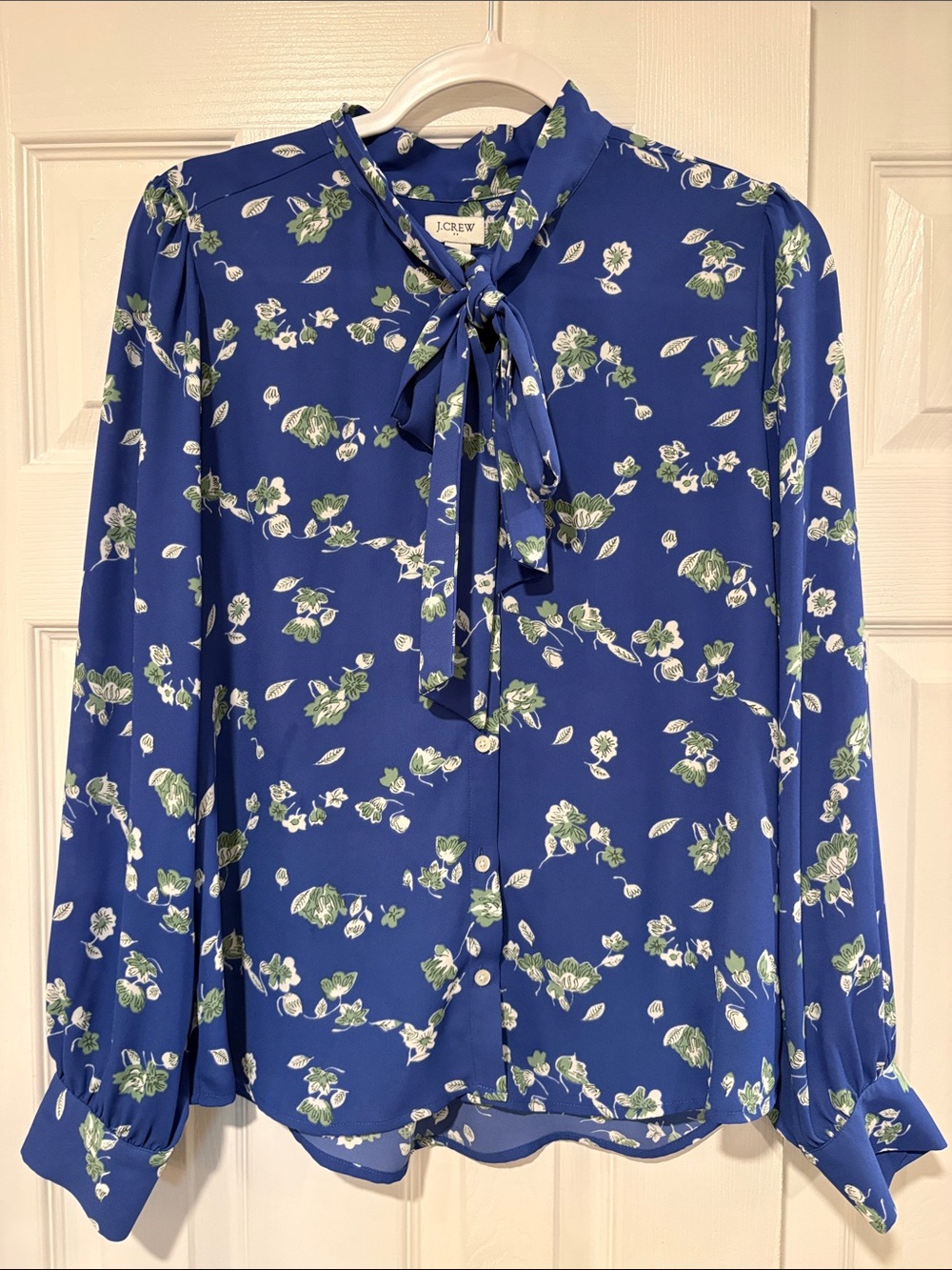 J. Crew Navy Blue Floral Tie-Neck Blouse